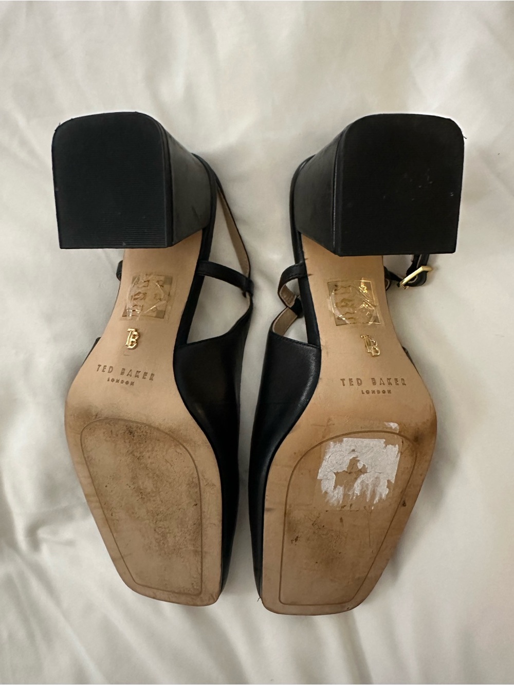 Ted Baker London Black Leather Slingback Block Heels with Gold Accent - Picture 8 of 9